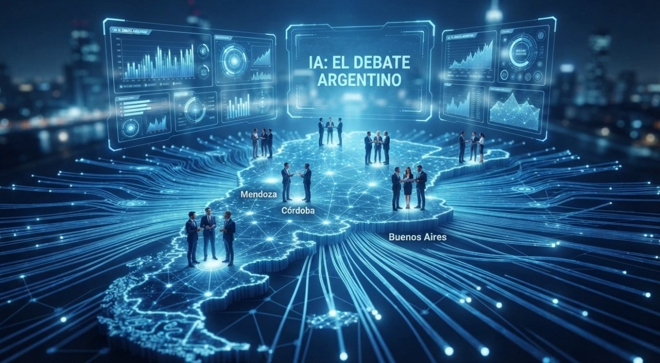 Ilustración: un mapa de la Argentina iluminado por redes de datos, con grupos de personas reunidas sobre Mendoza, Córdoba y Buenos Aires, y pantallas con gráficos alrededor.